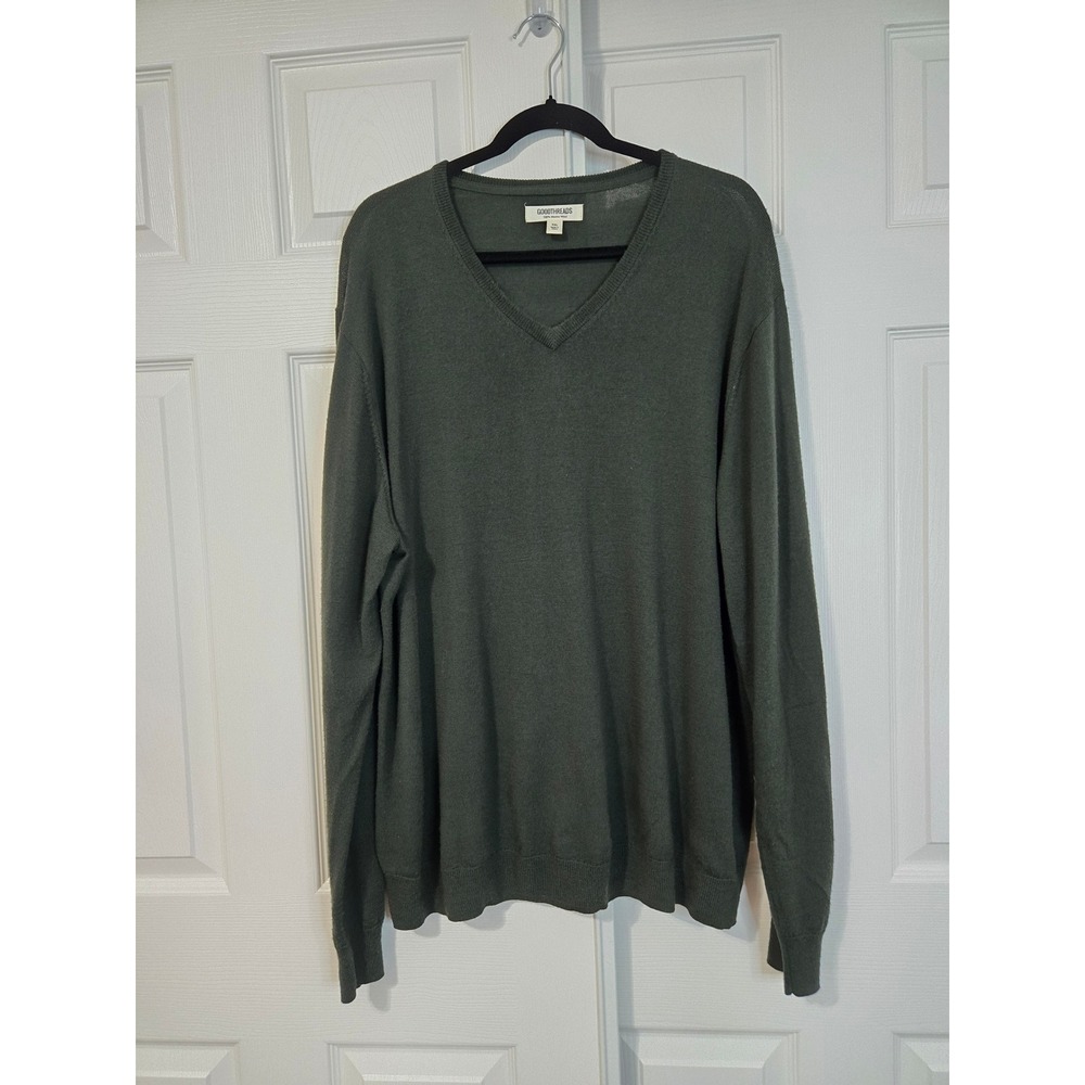Goodthreads Mens V-Neck Sweater Olive Green 100% Merino Wool XXL
